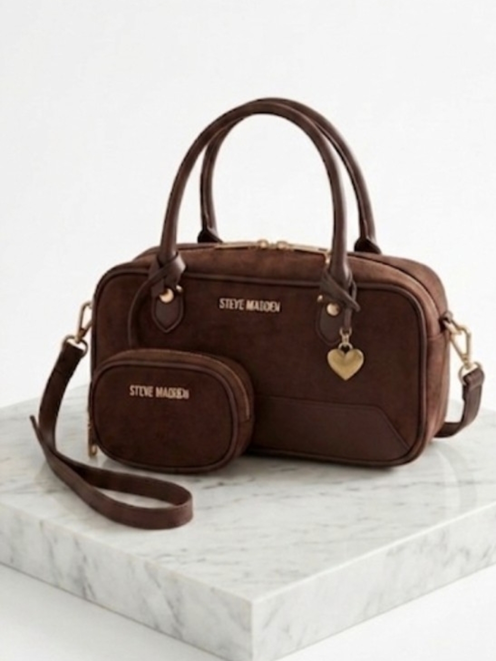 Steve Madden Brown Suede-Look Satchel with Matching Pouch